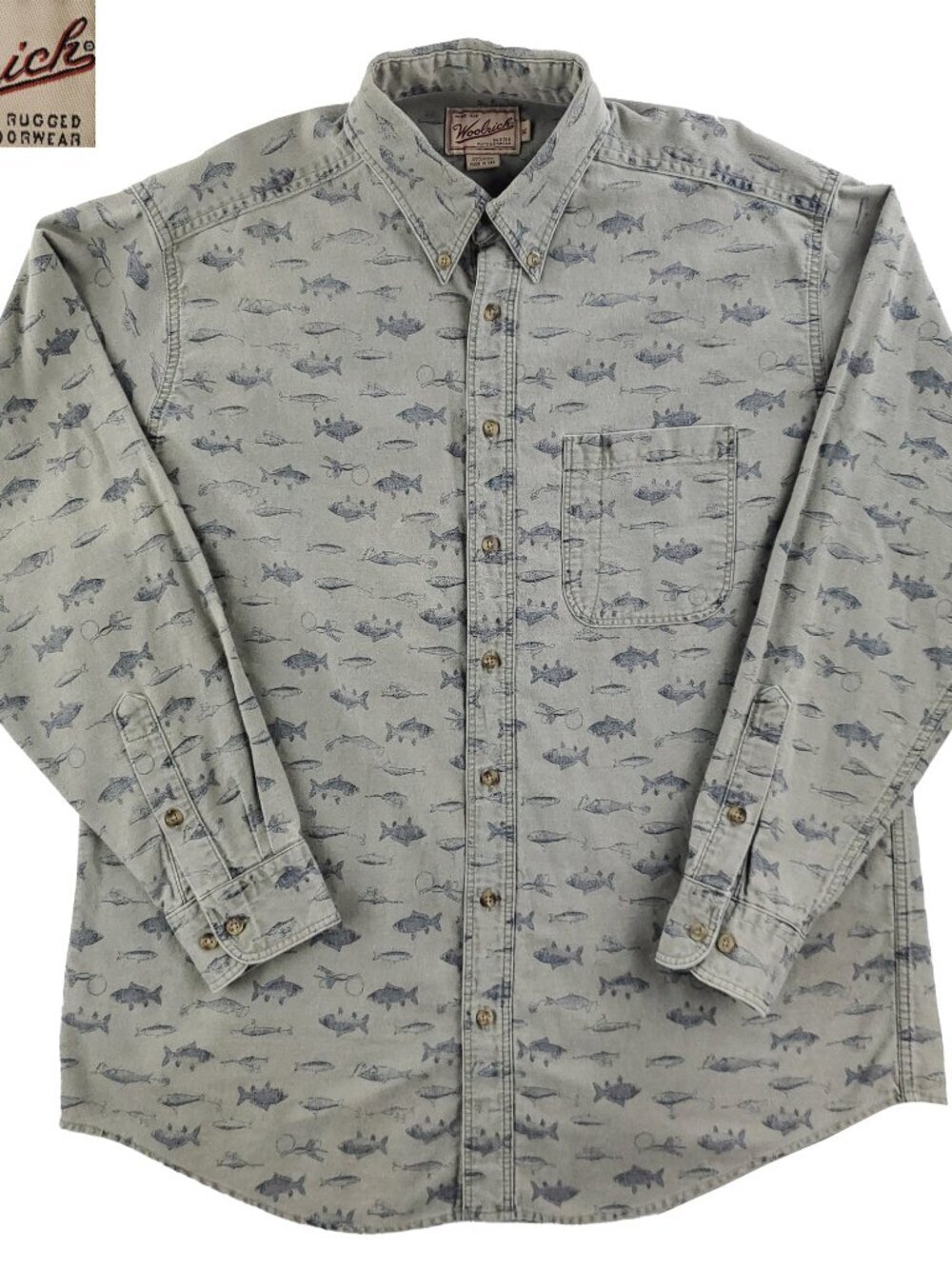 Woolrich Vintage Fishes Shirt Lures AOP Made USA Button Down Men's XL